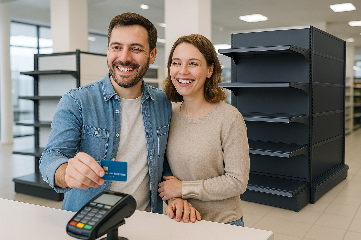 A man buys a supermarket shelf with his credit card. And the man is very happy with his wife.